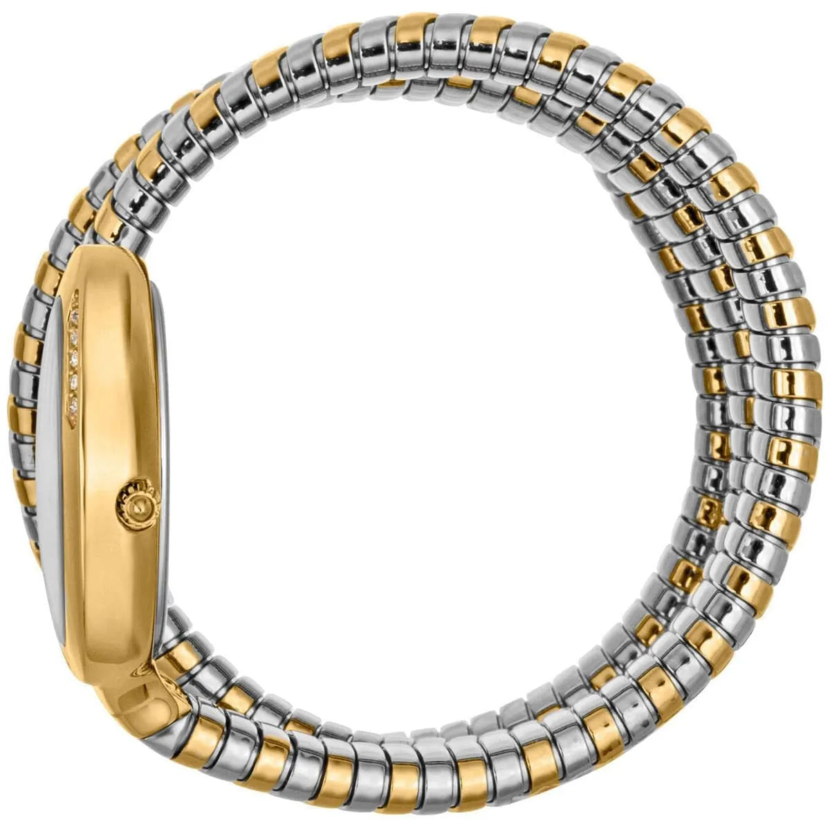 Just Cavalli Glam Evo 5 women's watch worn on wrist showing coiled snake strap