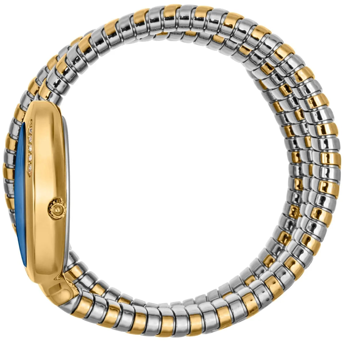 Just Cavalli Glam Evo 5 watch on wrist showing blue dial and two-tone segmented snake bracelet