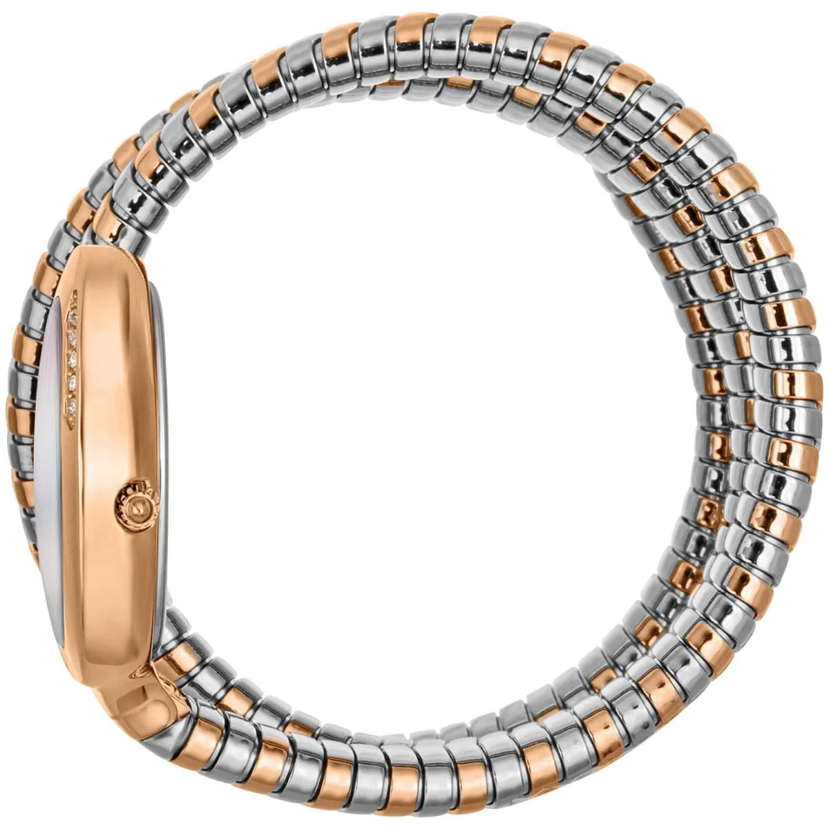 Side profile of Glam Evo 5 Doppio watch with two-tone oval case and triple-wrap snake strap