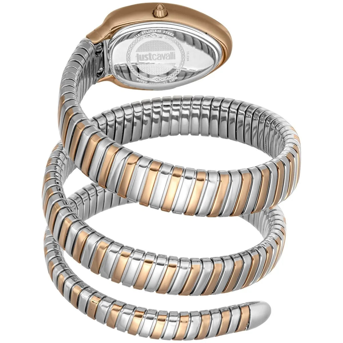 Snake-link strap detail showing alternating rose gold and silver stainless steel segments with wrapped design