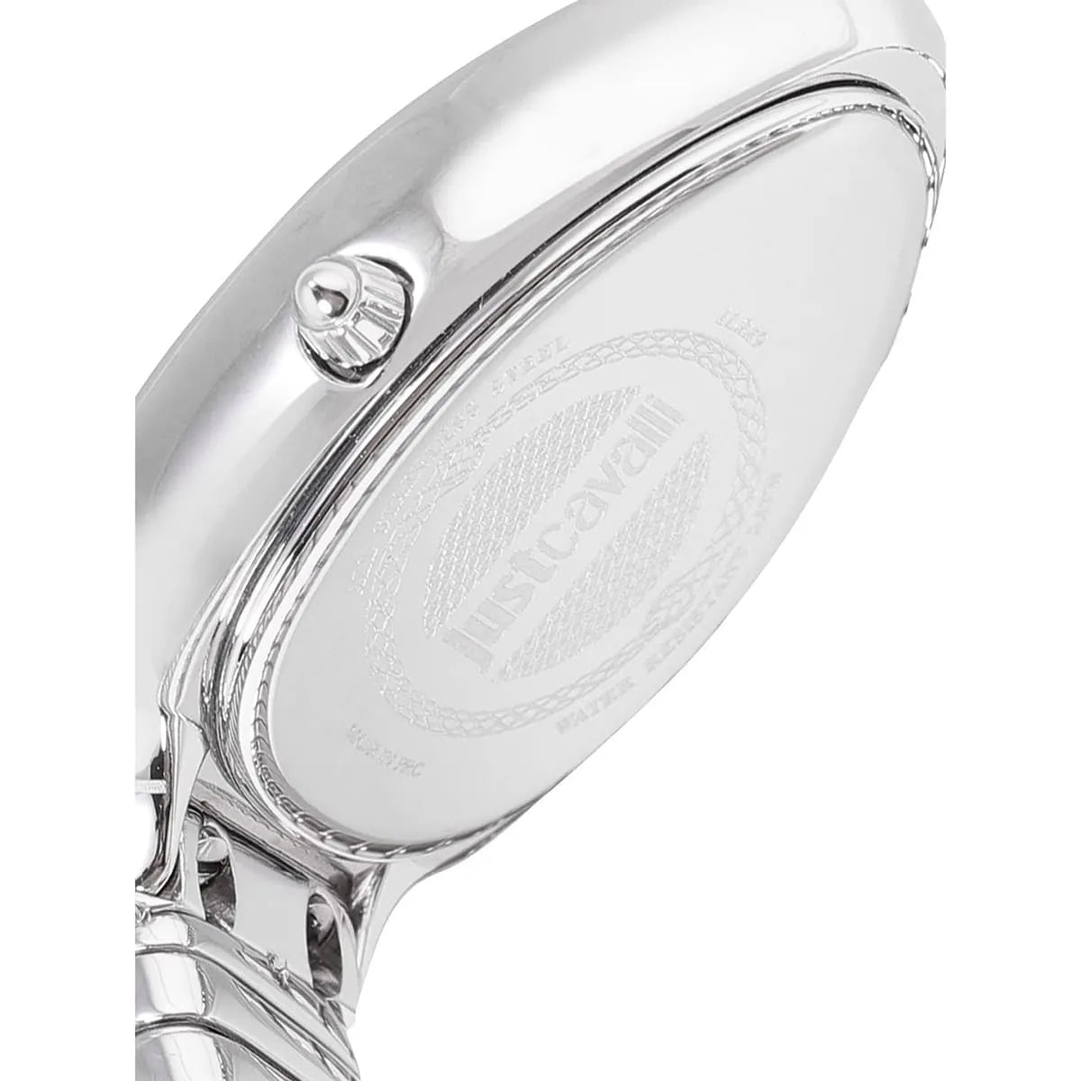 Just Cavalli watch caseback showing engraved brand details and stainless steel construction