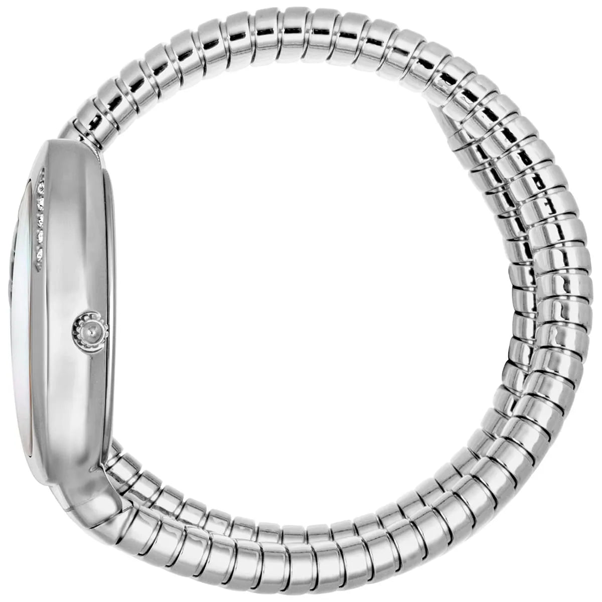 Just Cavalli silver women's watch worn on wrist showing oval case and segmented bracelet