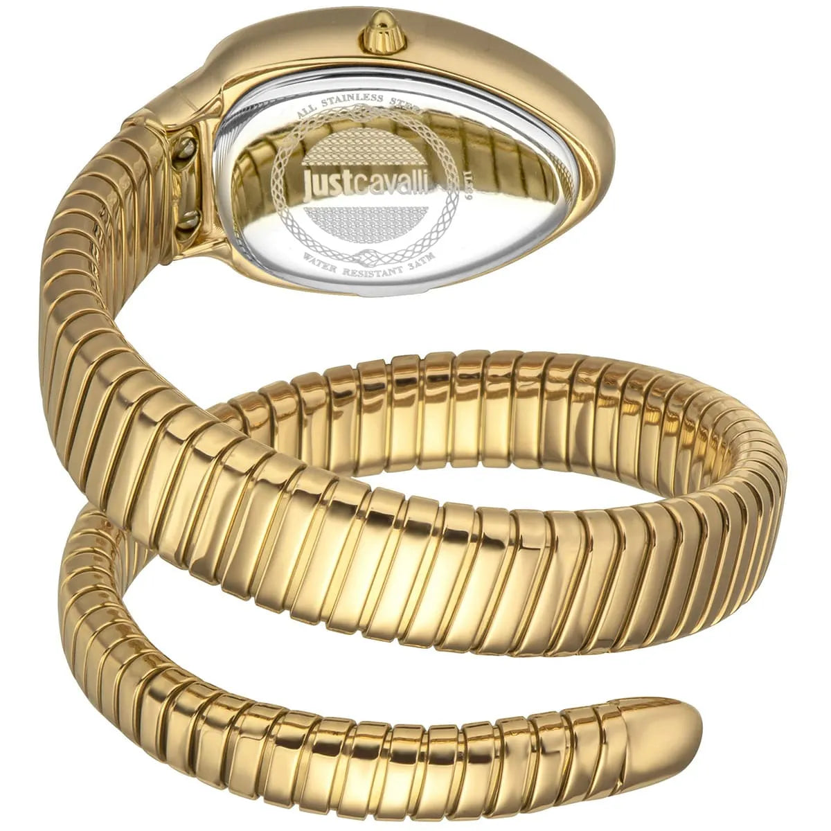 Gold snake-shaped watch with wrapped coil design, showing mother-of-pearl dial and Just Cavalli logo