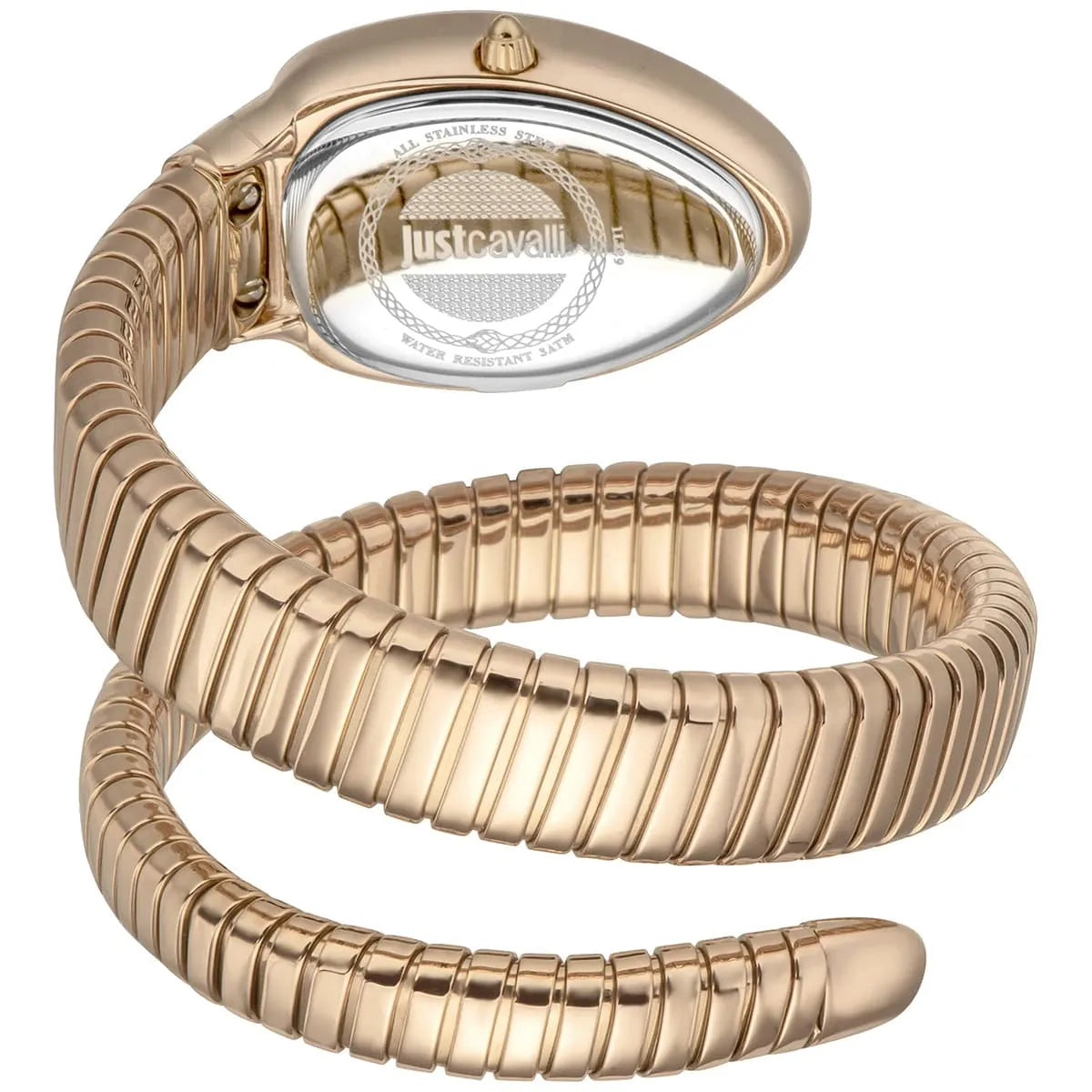 Just Cavalli Snake watch showing coiled snake-design stainless steel double-wrap bracelet from angle