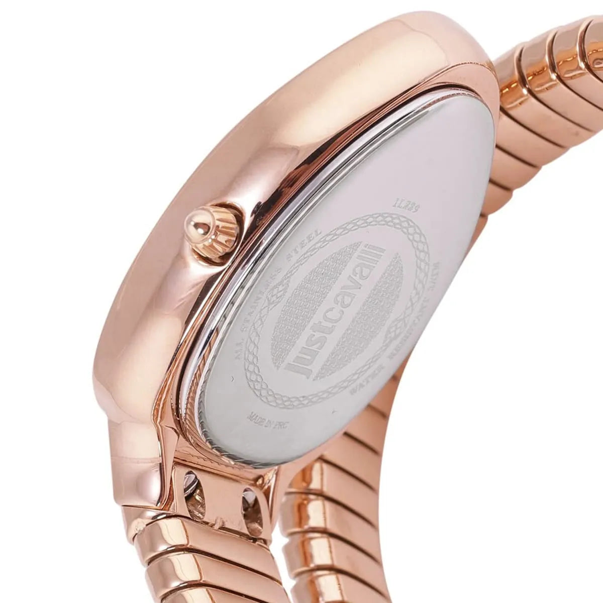 Just Cavalli Snake watch caseback showing engraved logo on rose gold stainless steel case with segmented band