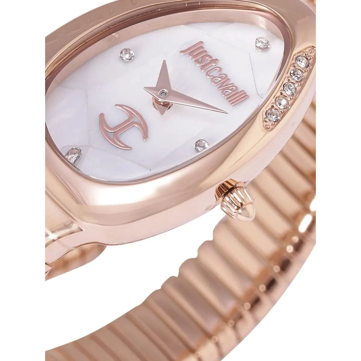 Just Cavalli Snake watch dial detail: white mother-of-pearl face, rose gold hands, crystal hour markers, JustCavalli logo