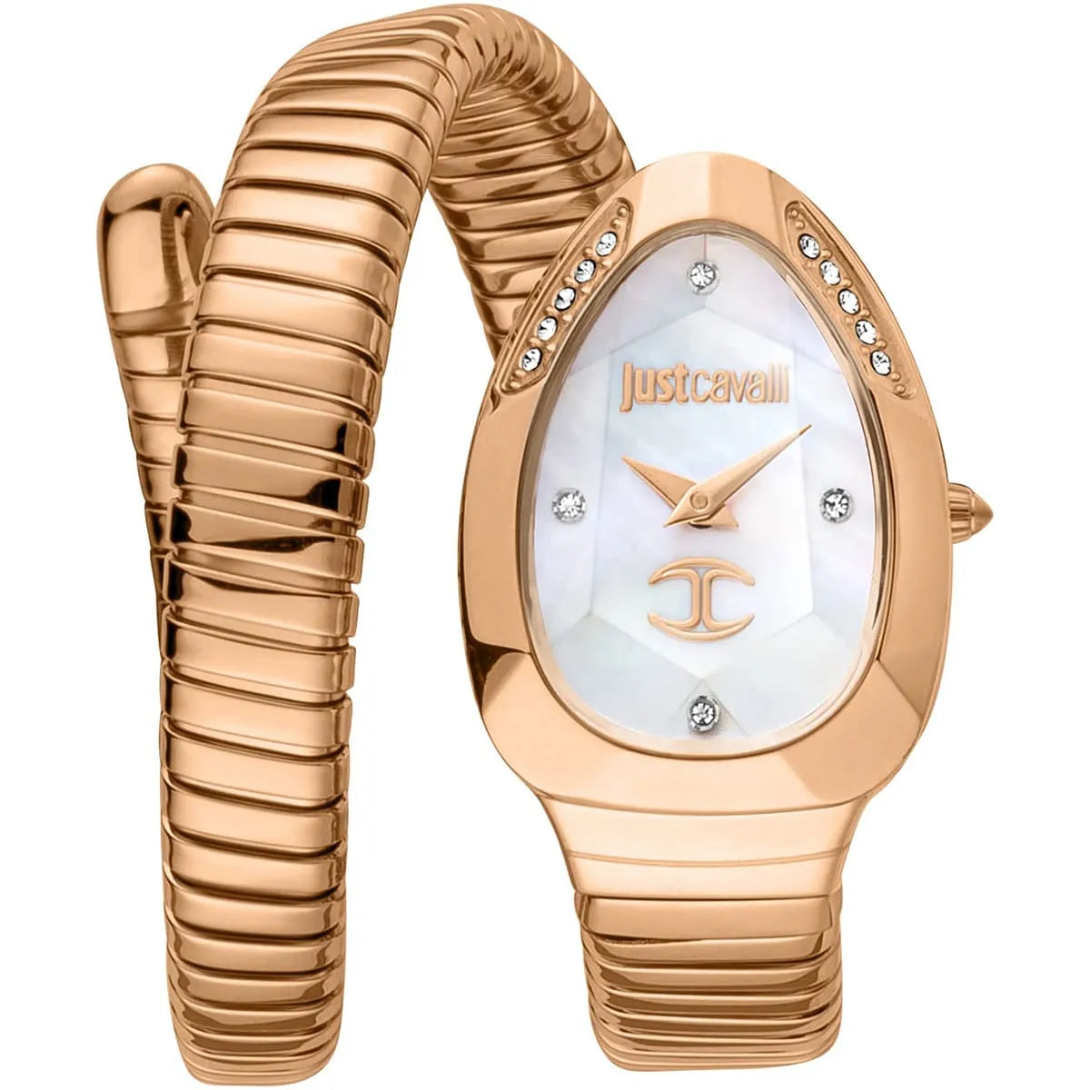 Just Cavalli Snake women's watch with white dial, rose gold case, crystal bezel, and double-wrap snake bracelet