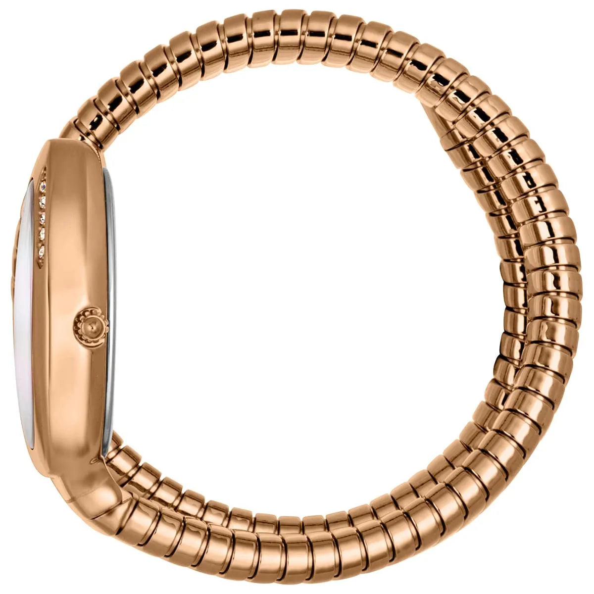 Just Cavalli Snake women's watch on wrist, rose gold case with crystal-studded side and segmented bracelet