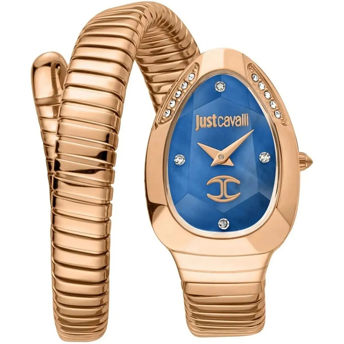 Just Cavalli Glam Evo 4 women's watch with blue dial, rose gold case and double-wrap snake bracelet