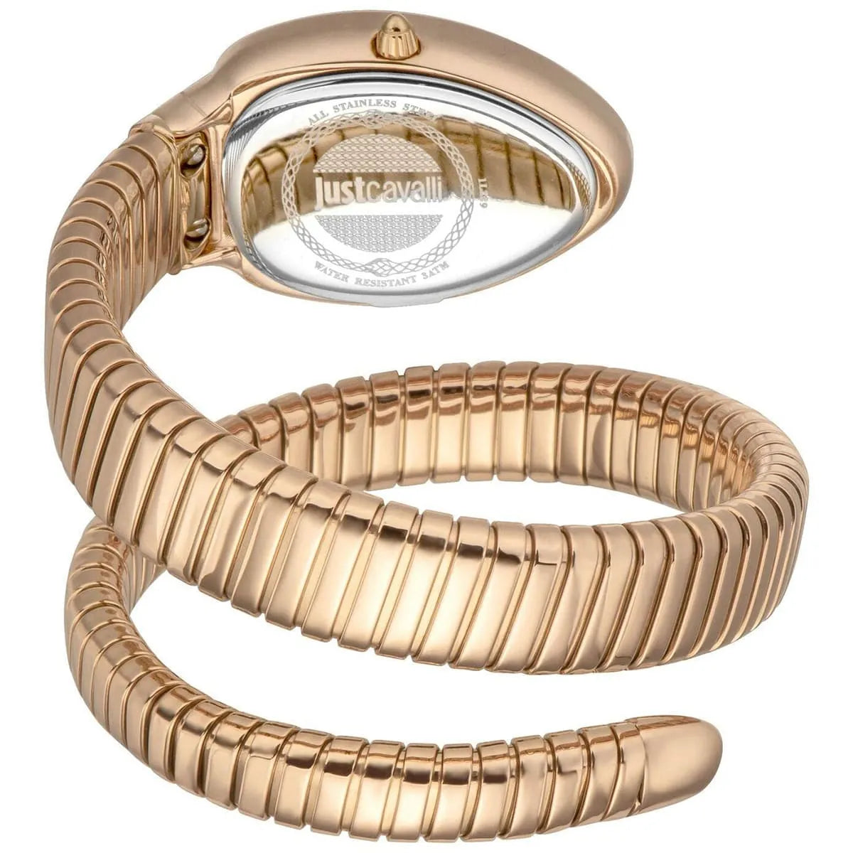 Just Cavalli Glam Evo 4 watch displayed on side showing snake-wrap bracelet construction