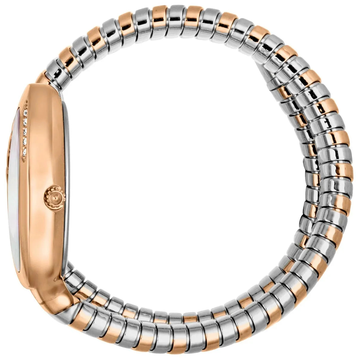Just Cavalli Glam Evo 4 women's watch worn on wrist showing two-tone segmented steel bracelet