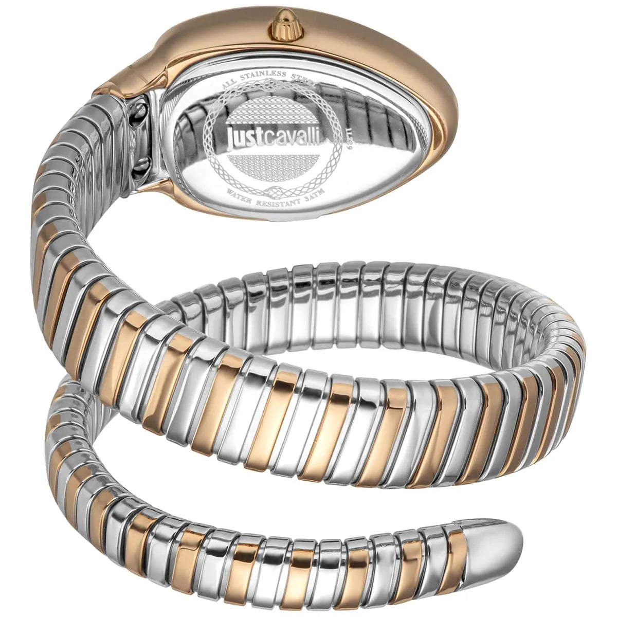 Just Cavalli Glam Evo 4 caseback showing brand logo on two-tone snake strap wrapped around watch