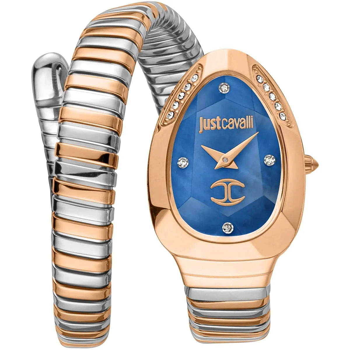 Just Cavalli Glam Evo 4 watch with blue dial, rose gold and silver two-tone snake strap and crystal bezel