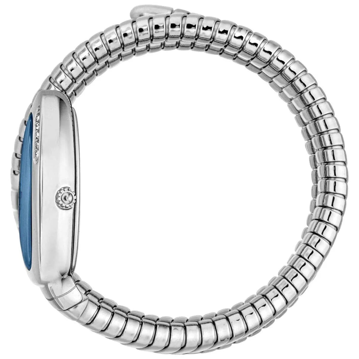 Side view of Just Cavalli Vezzoso watch with blue dial and segmented snake stainless steel strap