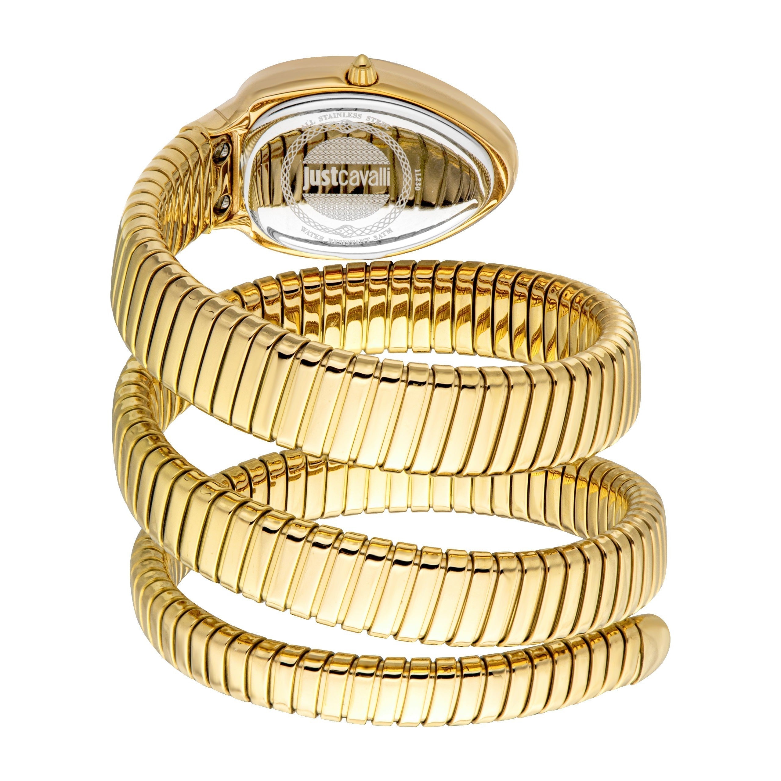 Just Cavalli serpent bracelet wrapped around watch case with green dial visible