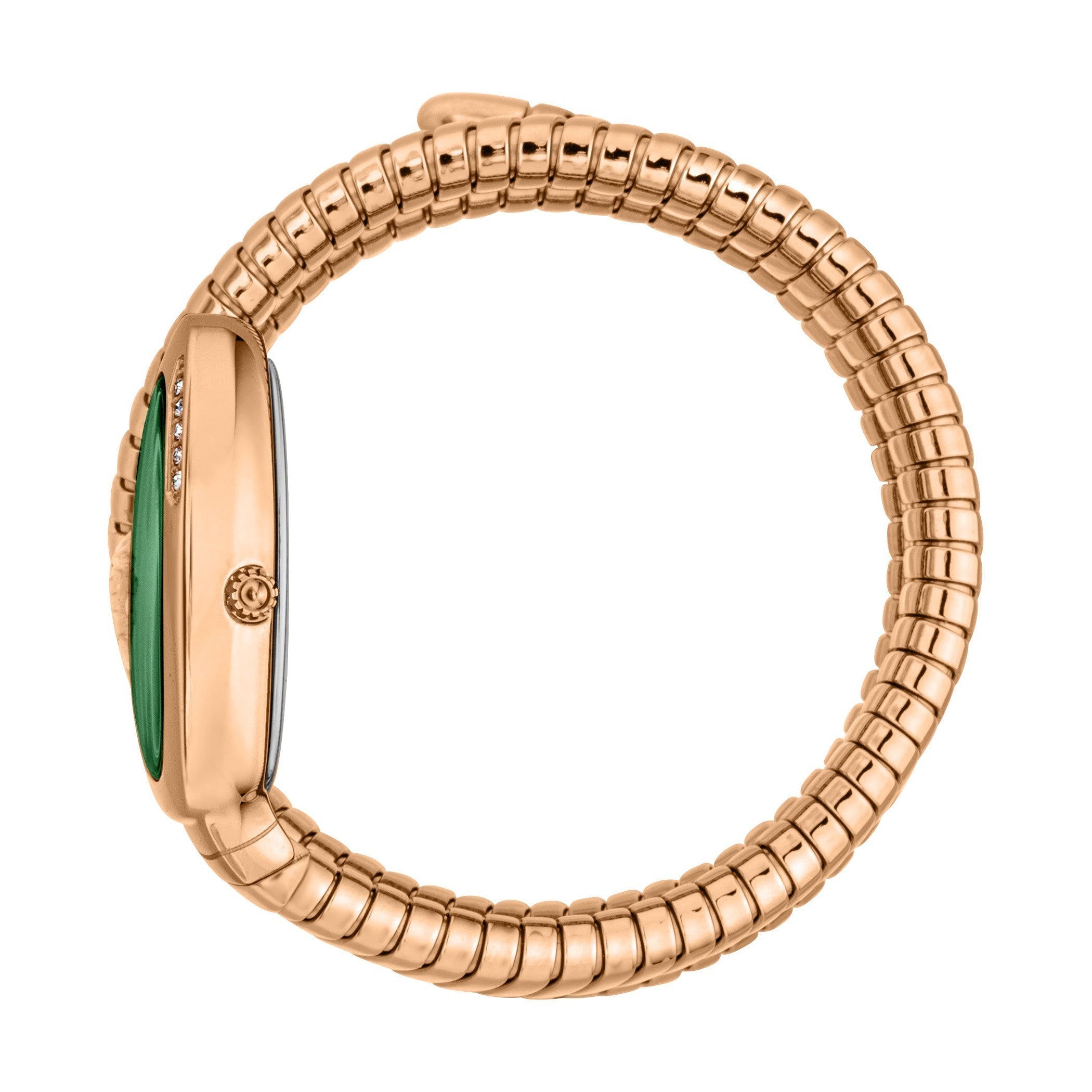 Rose gold snake bracelet watch side view showing green dial and case profile