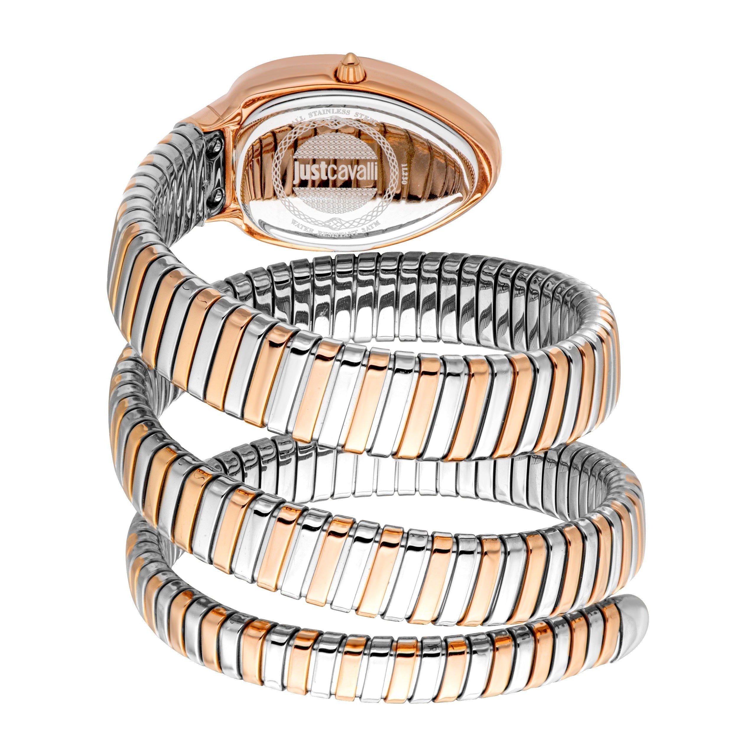 Angled view of Just Cavalli watch with spiral-wrapped stainless steel bracelet