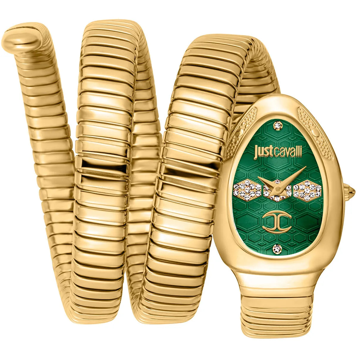 Just Cavalli Cosenza green dial gold watch with triple-wrap snake strap and crystal details