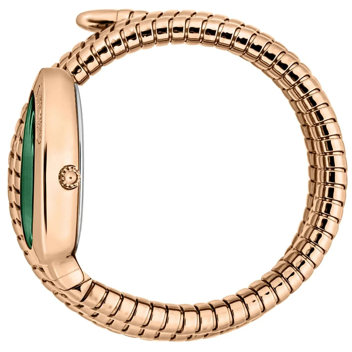 Side view of watch showing green dial, rose gold case and segmented expandable strap