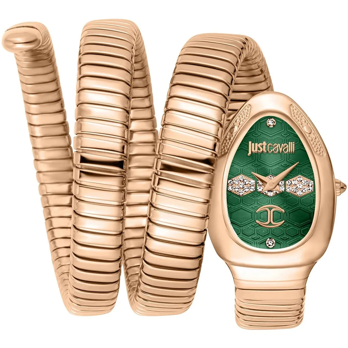 Just Cavalli women's watch with green dial, rose gold case and triple-wrap stainless steel strap