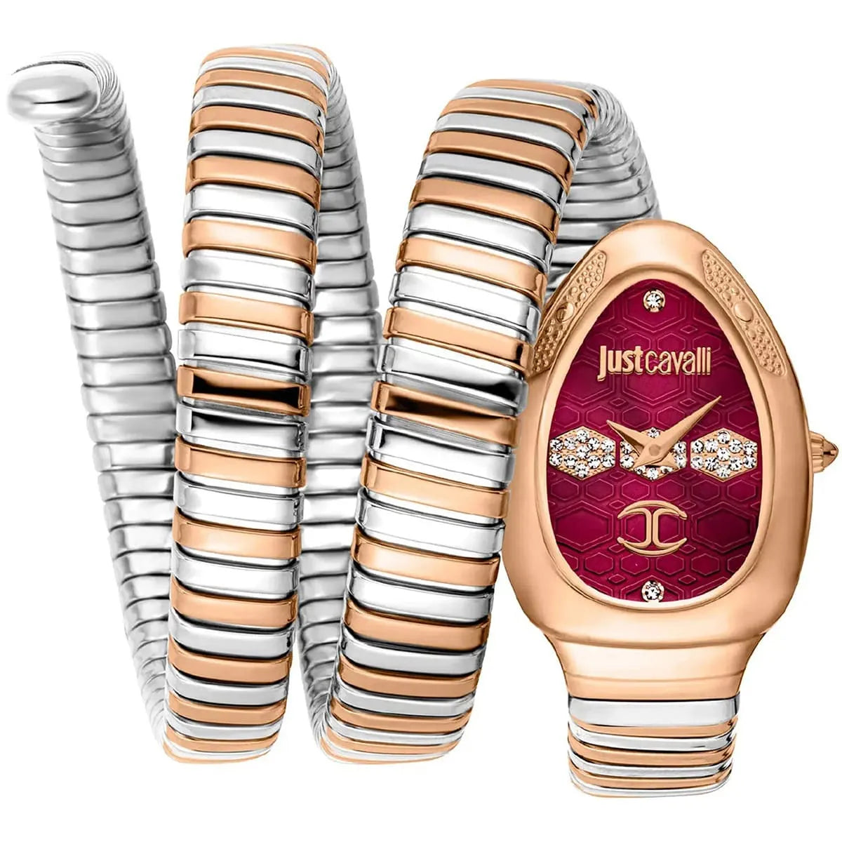 Just Cavalli Cosenza women's watch with red dial, two-tone silver and rose gold steel snake strap