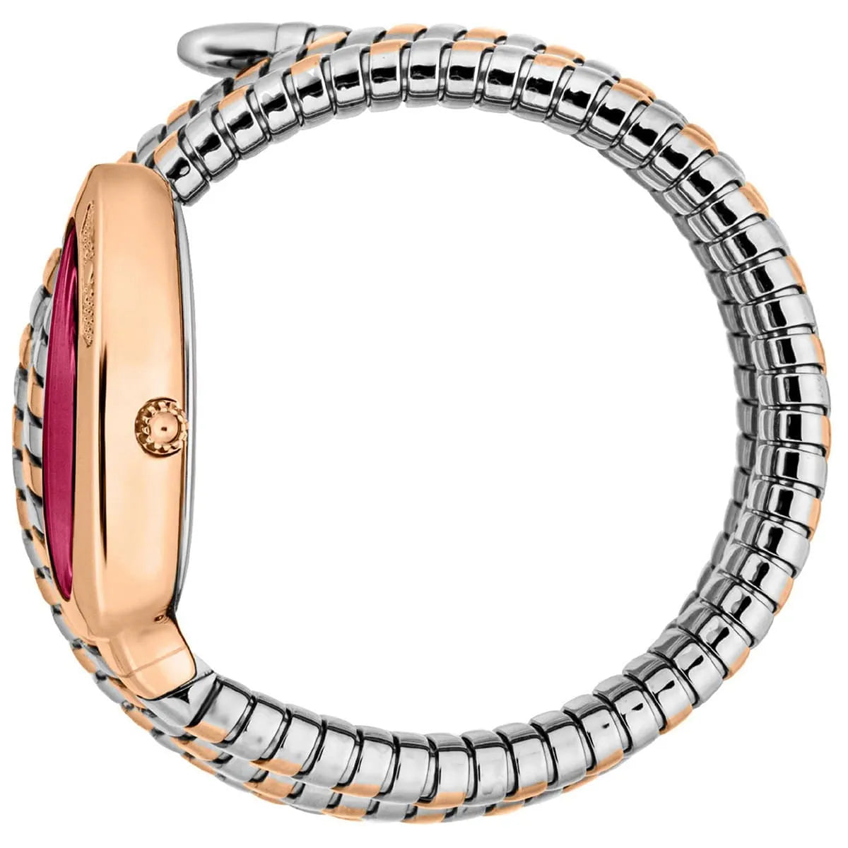 Just Cavalli Cosenza watch side view showing red dial and two-tone strap