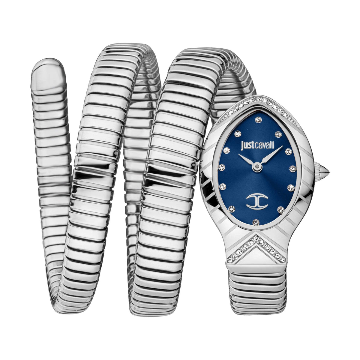 Just Cavalli Classico Lungo women watch with blue dial, silver steel case, and coiled strap