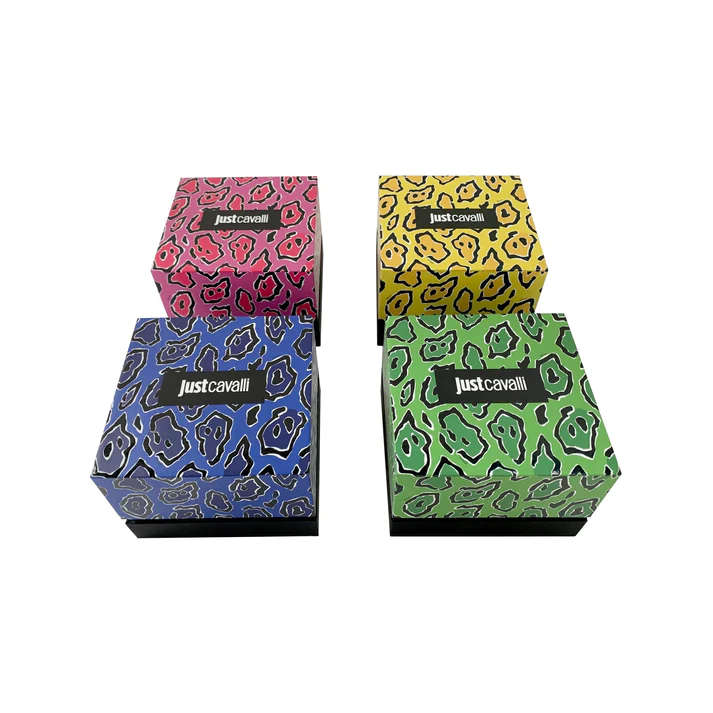 Just Cavalli branded gift boxes with patterned design in multiple colors