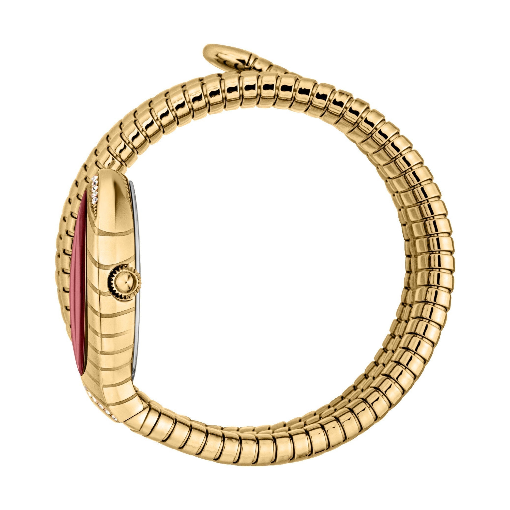 Side view of Just Cavalli Classico Lungo watch with snake-style gold steel strap and red dial