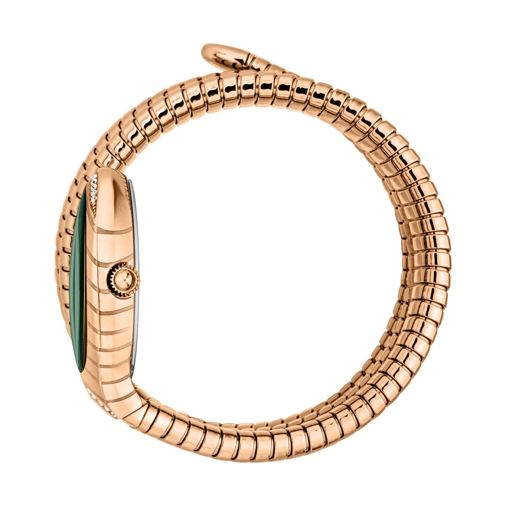 Just Cavalli Snake watch side view showing rose gold snake-patterned bracelet and green dial