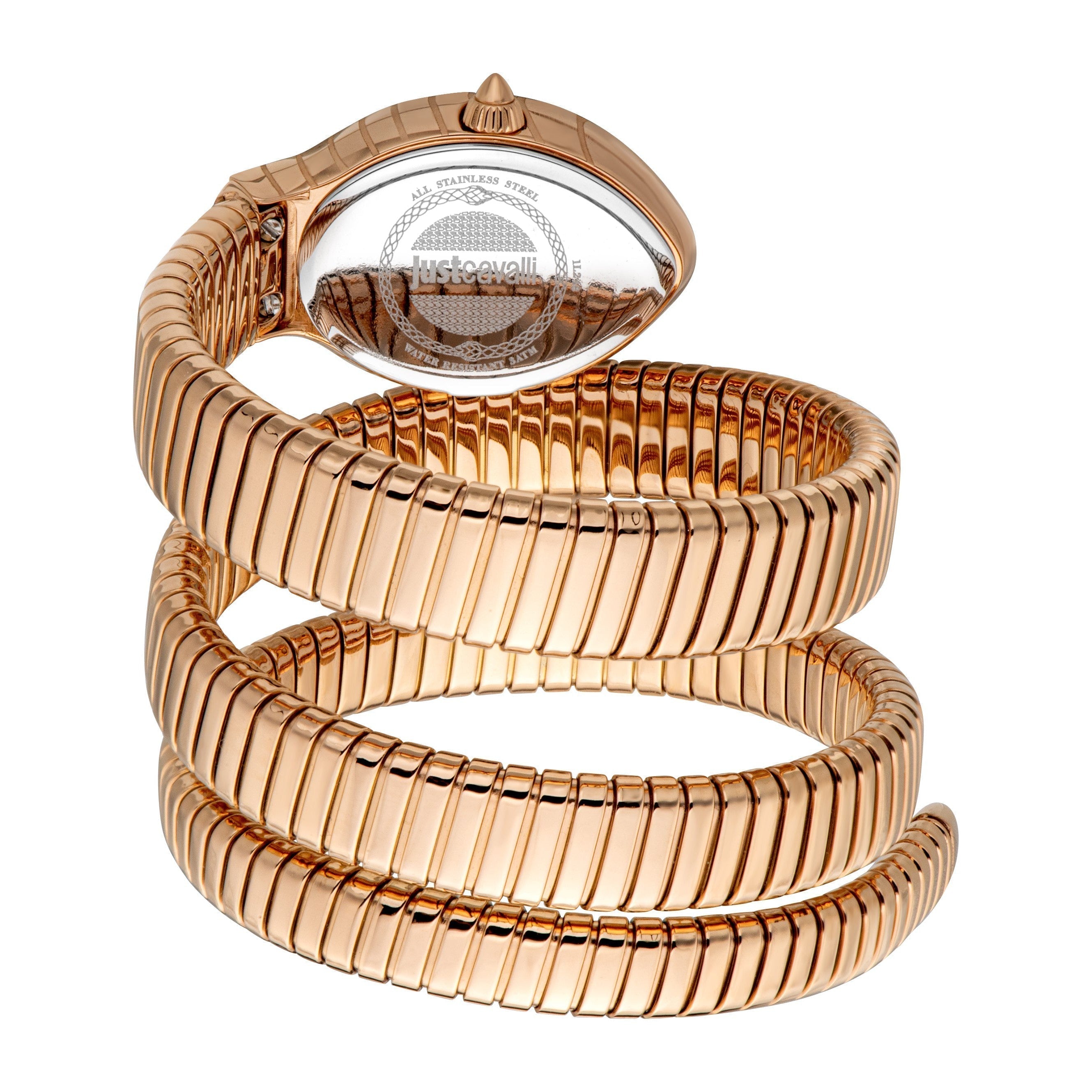 Just Cavalli Snake watch wrapped bracelet detail with case back visible