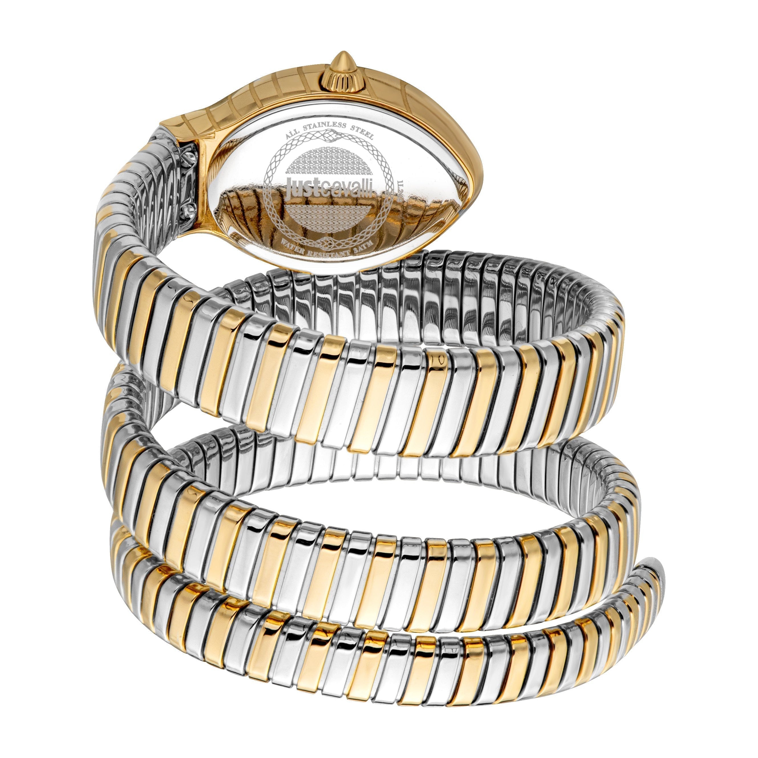JC1L248M0065 women's watch displayed at angle showing green dial and multi-wrap snake bracelet design