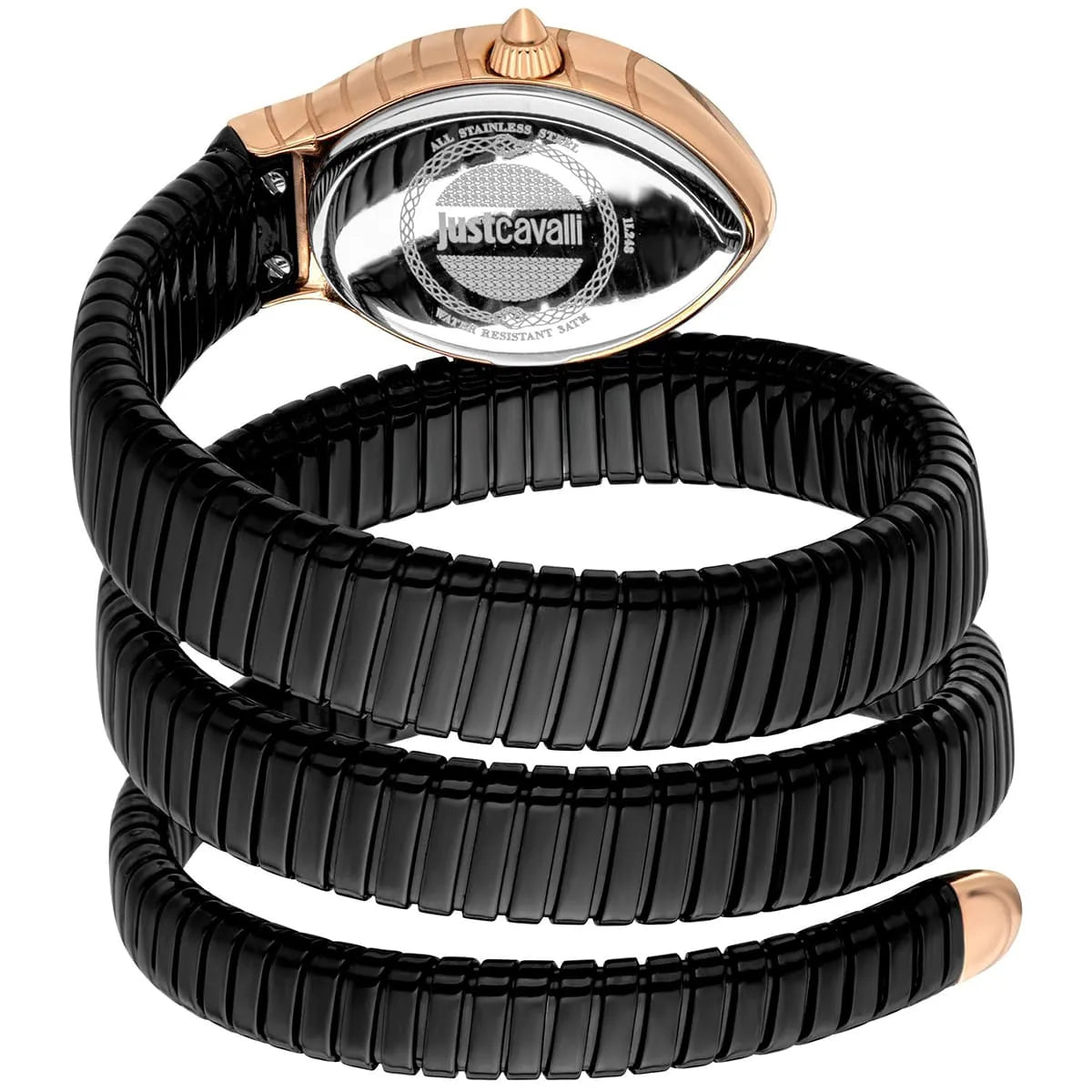 Just Cavalli Classico Lungo watch displayed with triple-wrap snake strap wrapped around, showing oval case profile