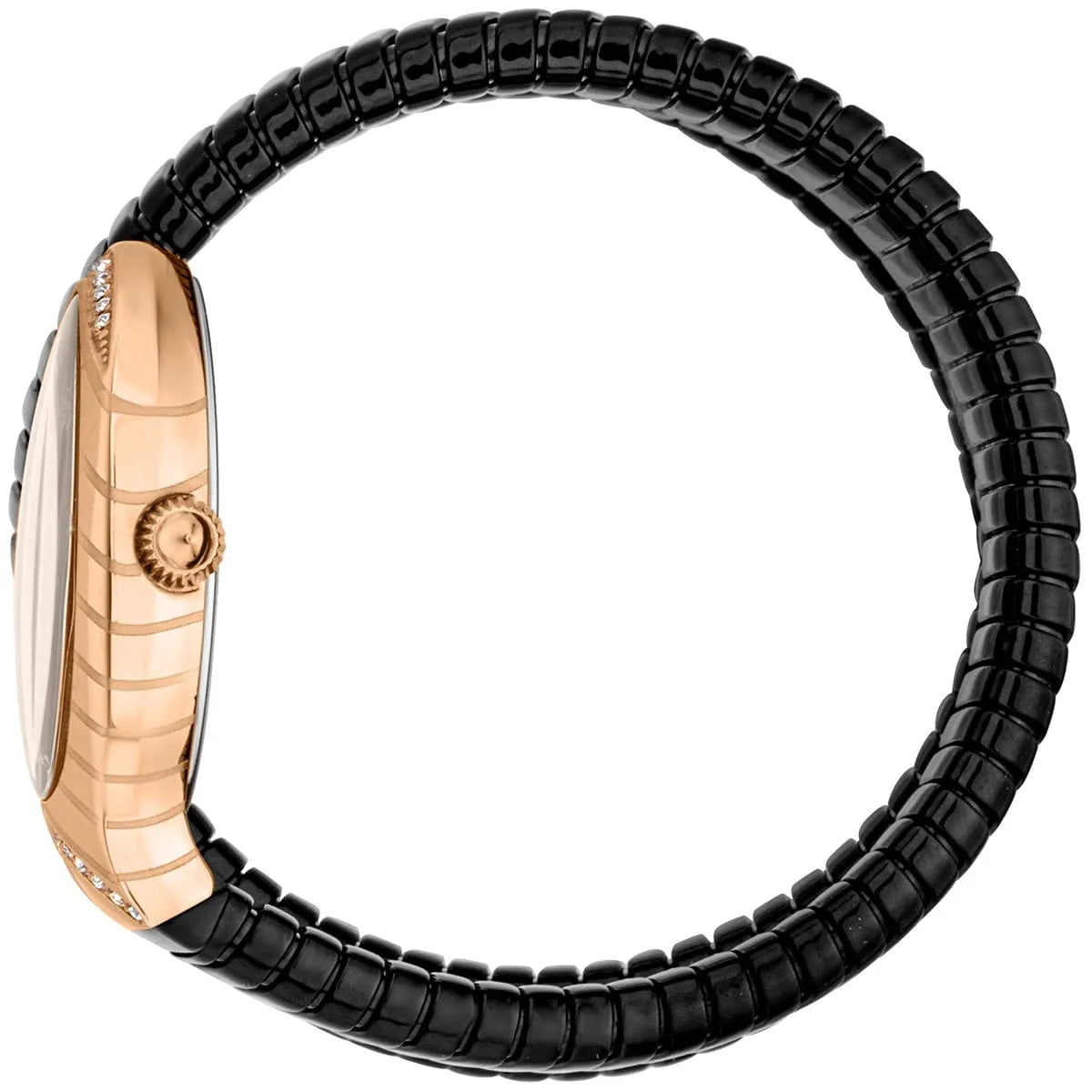 Just Cavalli Classico Lungo women's watch side view showing rose gold oval case and black ridged snake strap