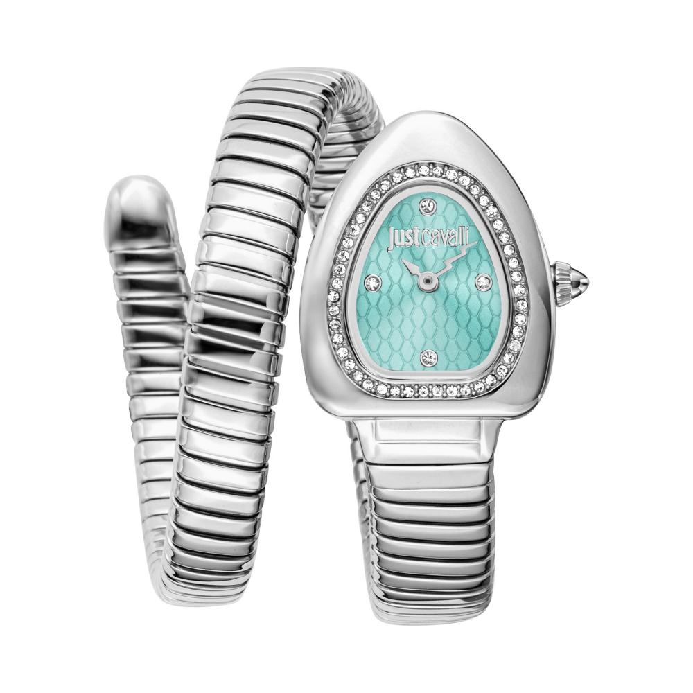 Just Cavalli Snake women's watch with turquoise dial, diamond bezel, and coiled snake-link stainless steel strap