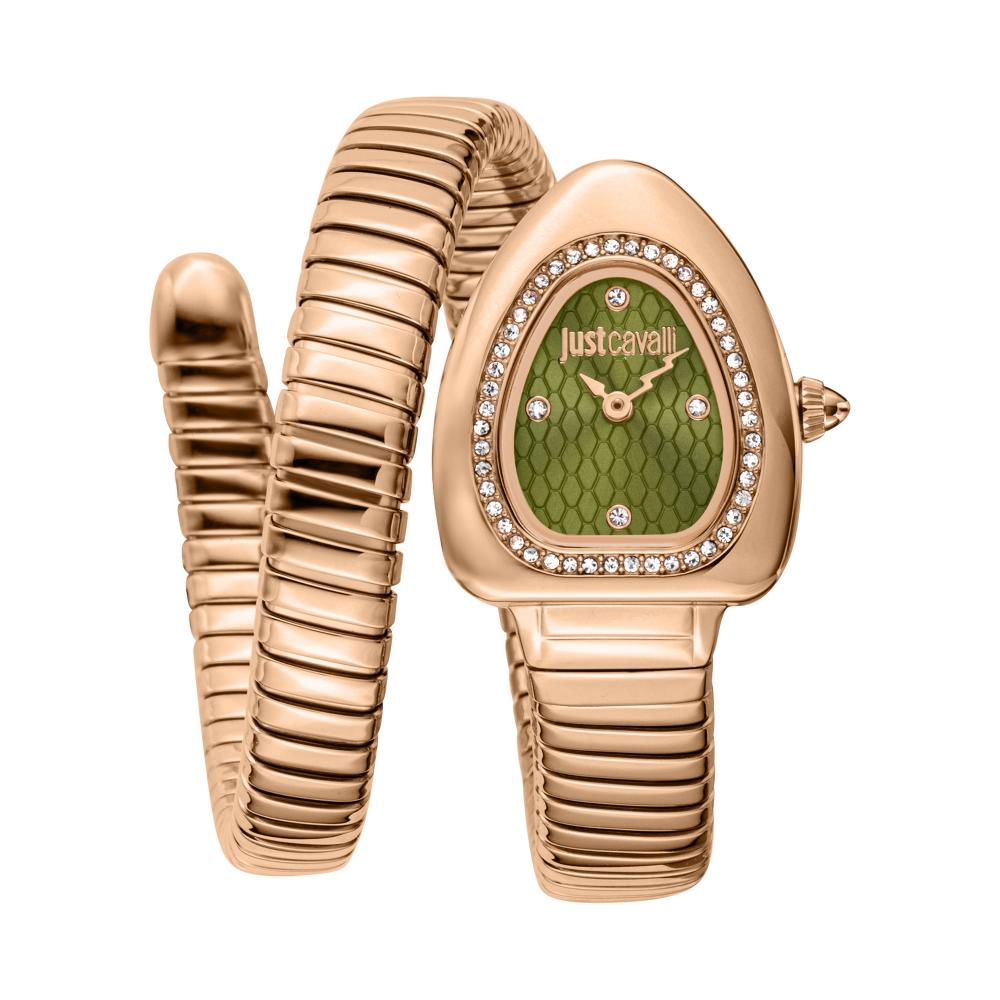 Just Cavalli Signature Snake Green Dial Rose Gold Steel Strap Women Watch - JC1L249M0045