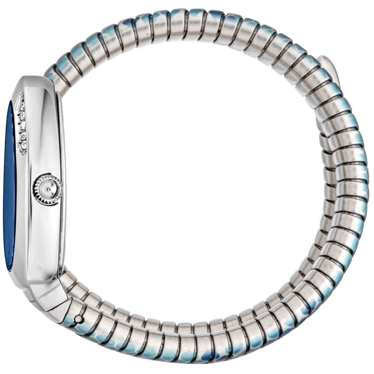 Just Cavalli Glam Snake women's watch worn on wrist showing blue snake-textured bracelet and case profile