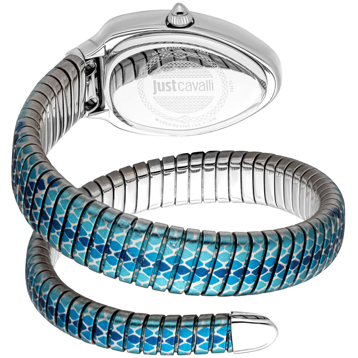Just Cavalli Glam Snake snake-textured double-wrap bracelet in blue and stainless steel with crystal details