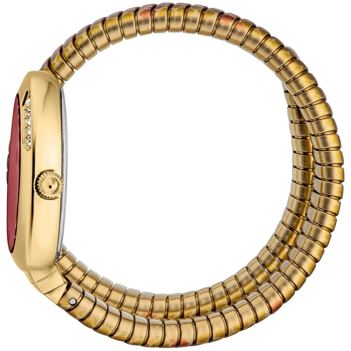 Just Cavalli Pelle Solo snake watch worn on wrist, displaying oval red dial and spiral snake strap design
