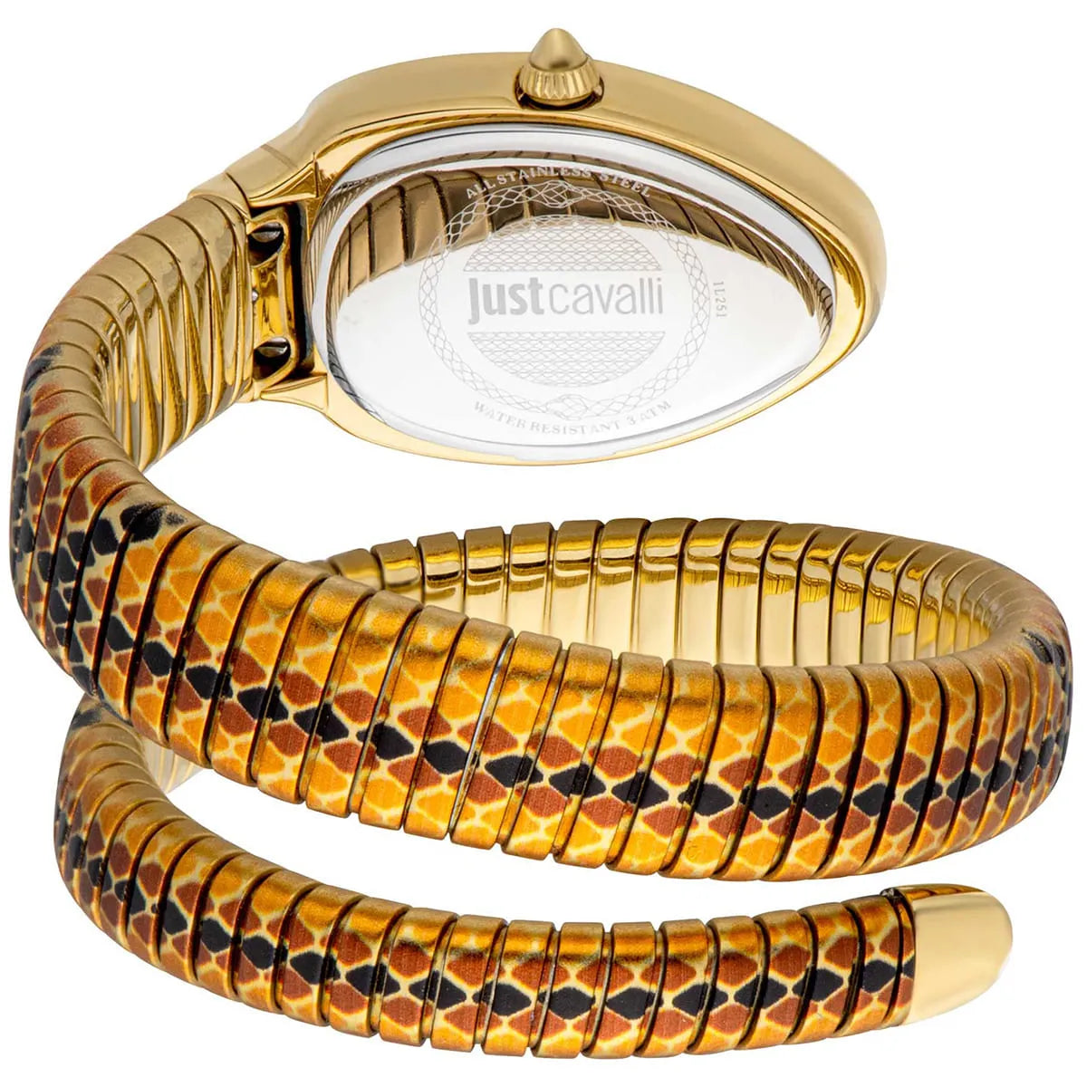 Close-up of Just Cavalli black dial with logo, crystal hour markers, and gold hands with double-wrap snake strap