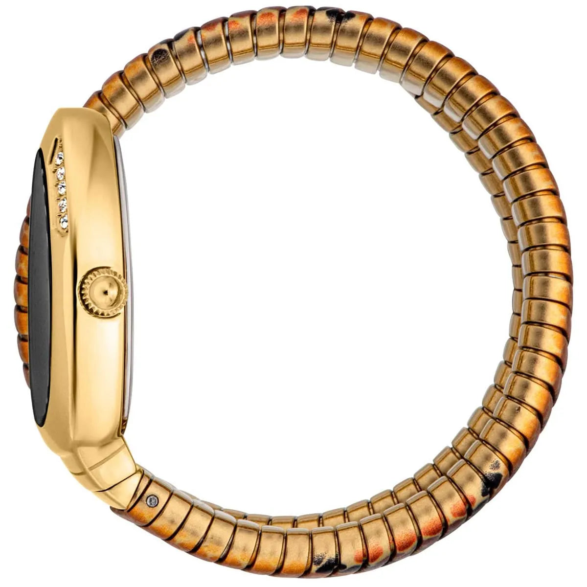 Just Cavalli snake-pattern wrap bracelet watch displayed on wrist showing gold case and multicolored strap