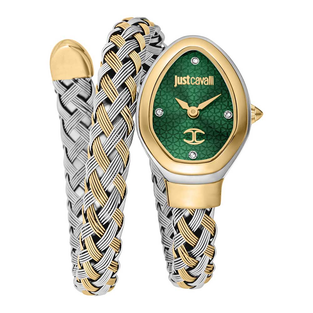 Just Cavalli Twined green dial two-tone women's watch with braided steel and gold strap