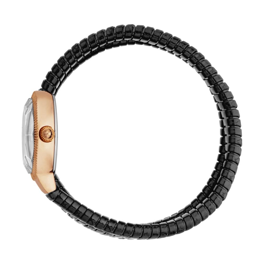 JUST CAVALLI After Party watch side view with rose gold case and black textured snake strap