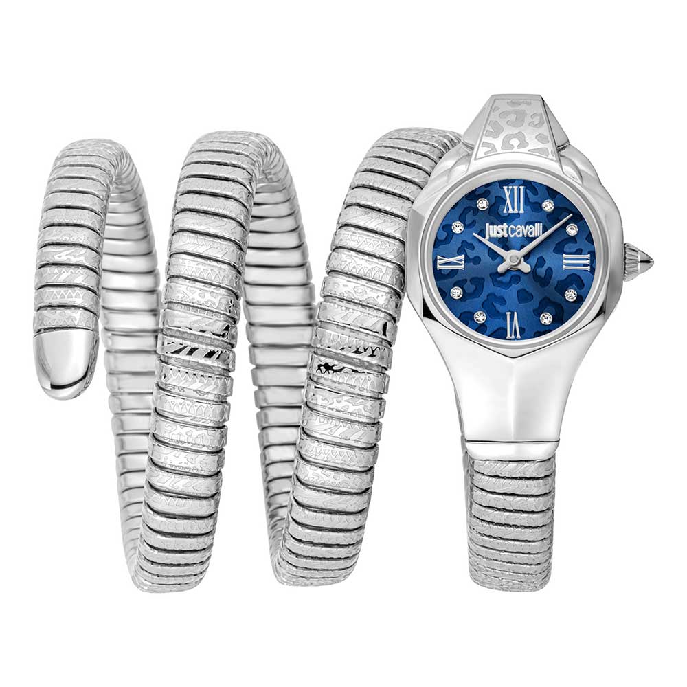 Just Cavalli Ravenna quartz women's watch with blue dial and stainless steel coil bracelet