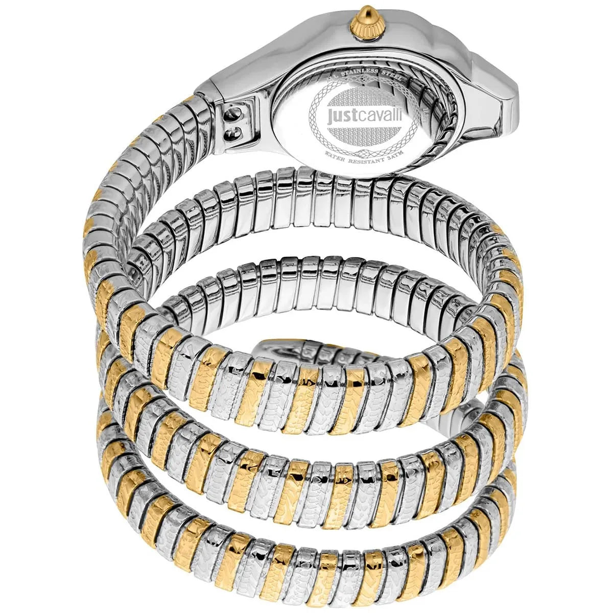 Just Cavalli Ravenna watch coiled snake bracelet with gold and silver stainless steel segments