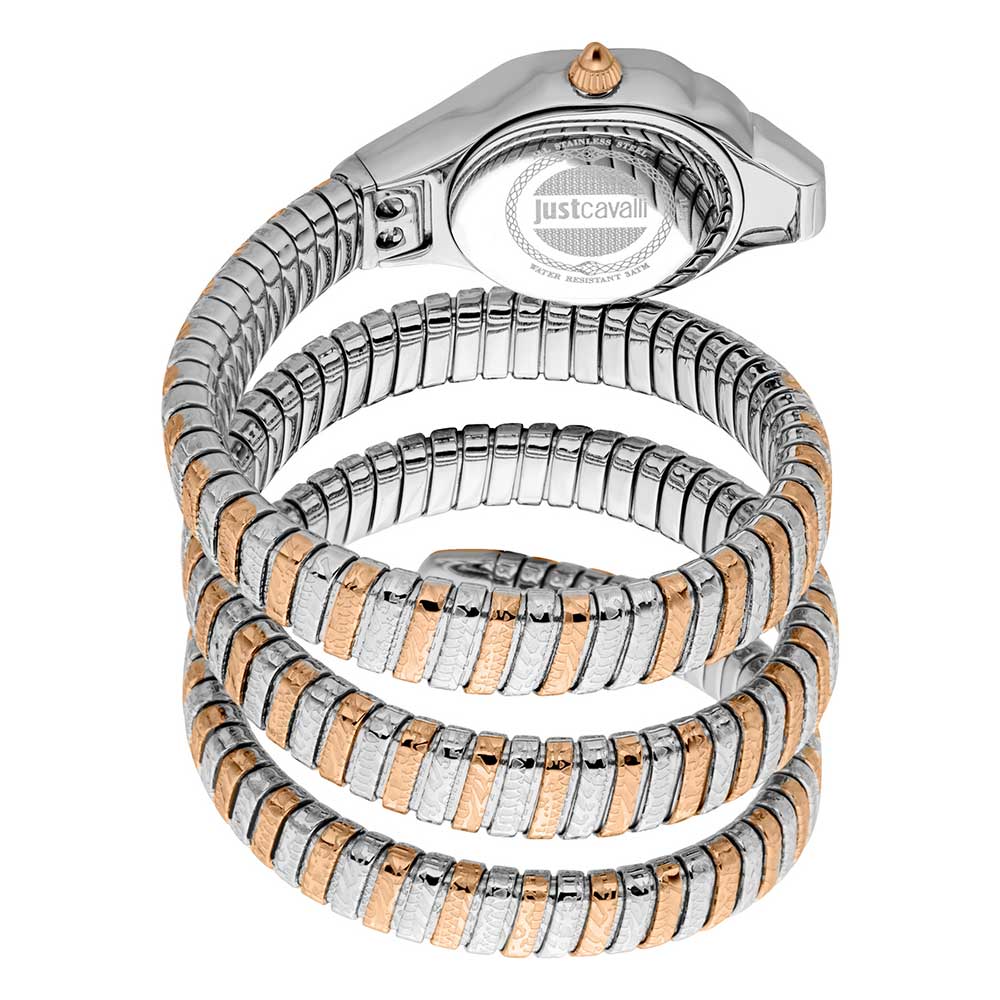 Just Cavalli Snake watch displayed with coiled snake-textured bracelet showing multi-wrap design and case detail