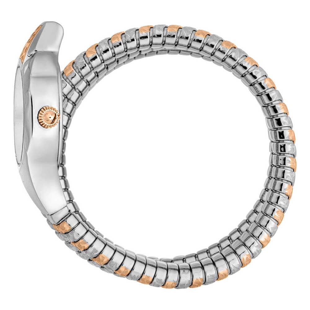 Just Cavalli Snake watch side view showing silver case profile and interlocking two-tone snake-textured bracelet