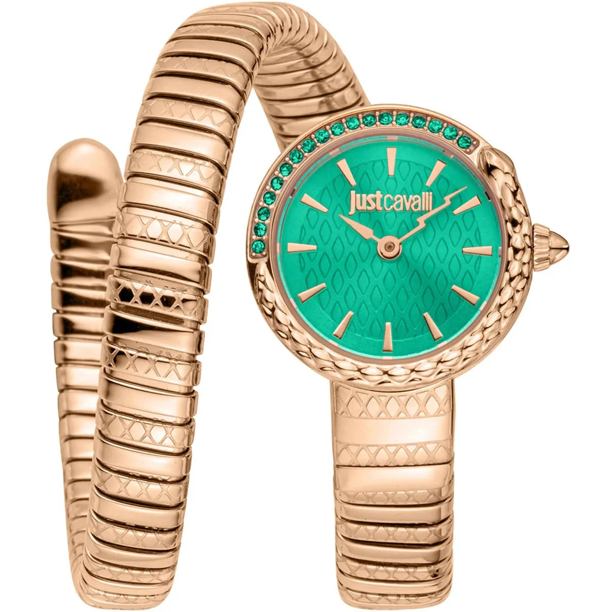 Just Cavalli Snake 22mm Quartz Enchanting Green Dial Rose Gold Steel Women's Watch - JC1L301M0055