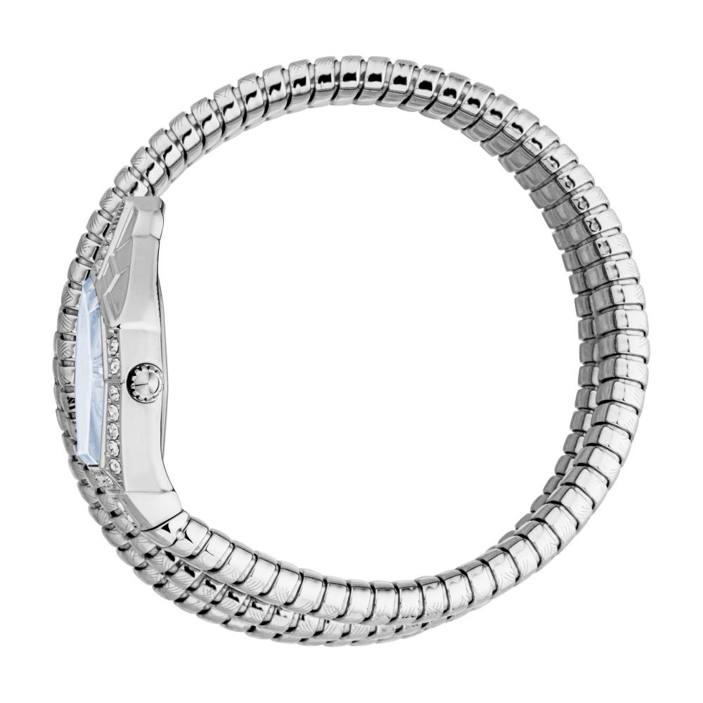 Just Cavalli Signature Snake watch worn on wrist with silver snake-coil bracelet