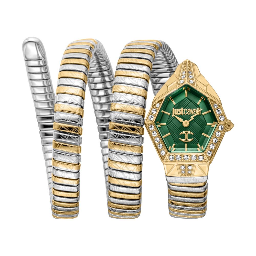 Just Cavalli women's watch with green hexagon dial, two-tone YG and silver bracelet